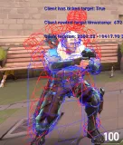 VALORANT debug view comparing the server's red non-animated hitboxes with the client's blue animated hitboxes.